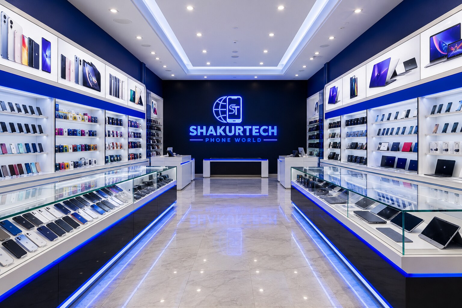 Large empty Shakurtech Phone World showroom